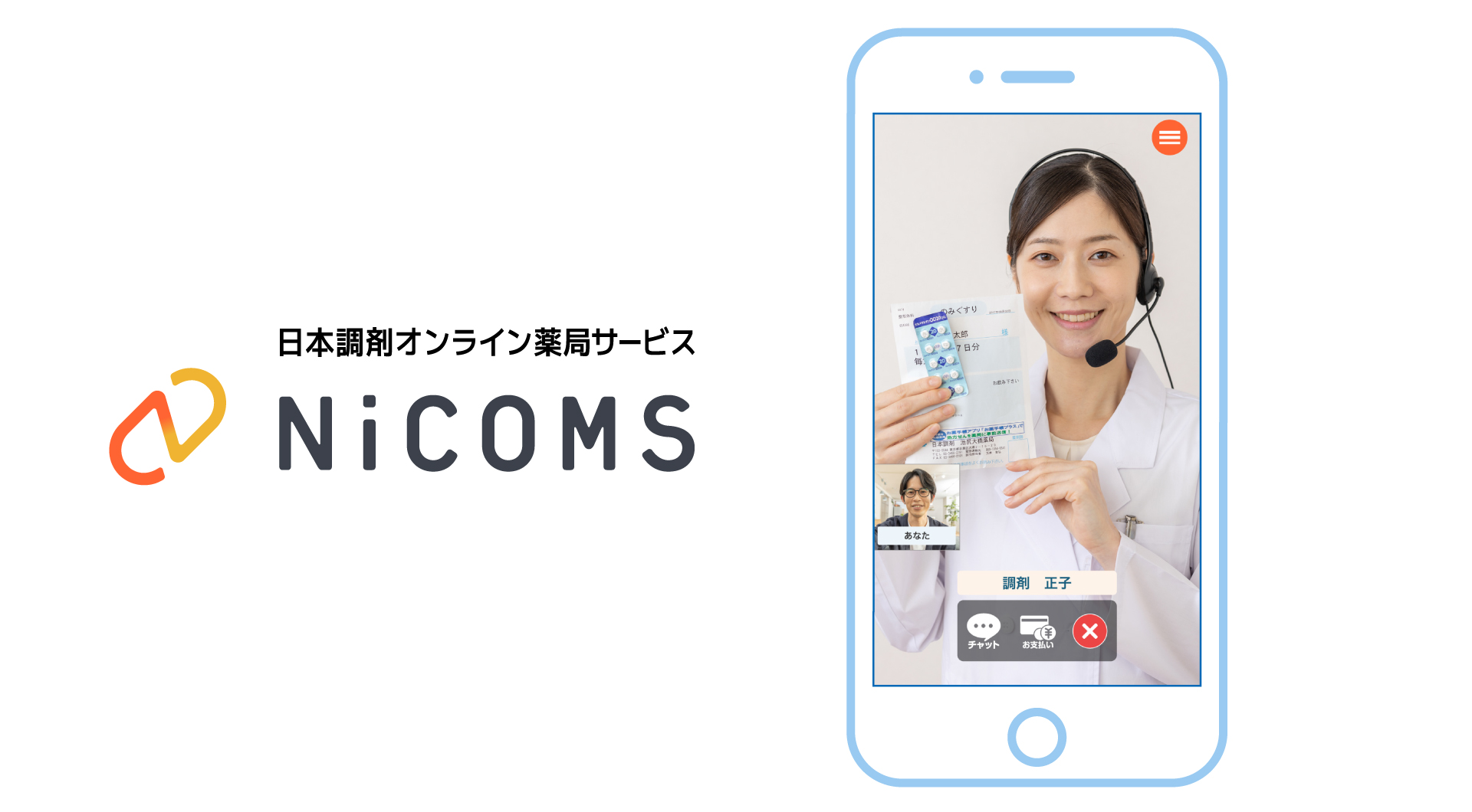 NiCOMSロゴとNiCOMSでのオンライン服薬指導イメージ