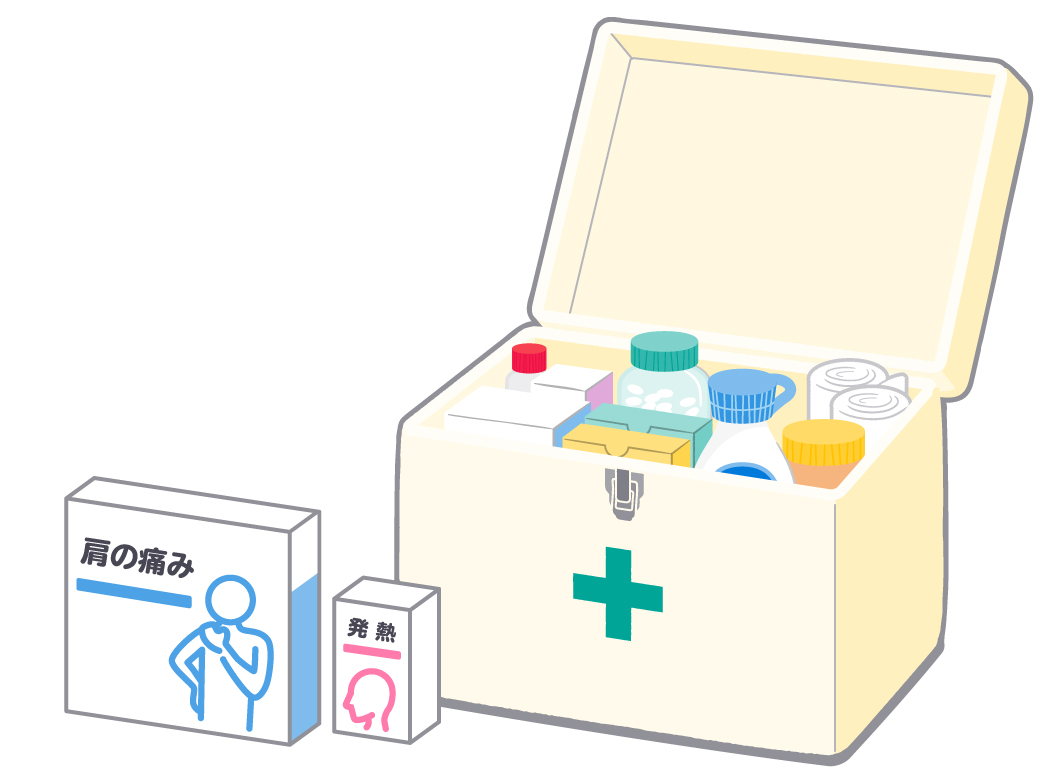 ご家庭の救急箱と「5COINS PHARMA」シリーズの解熱鎮痛薬と鎮痛消炎薬（イラスト）