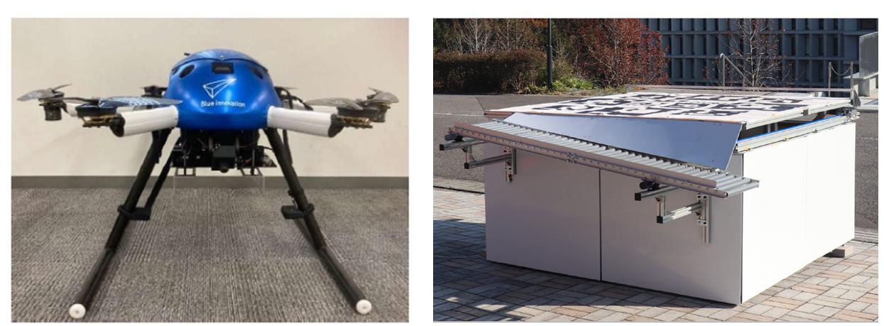 実験に使用するドローン「ＰＦ２」（株）ACSL 社製画像（左）とドローンポート ブルーイノベーション（株）社製画像（右）