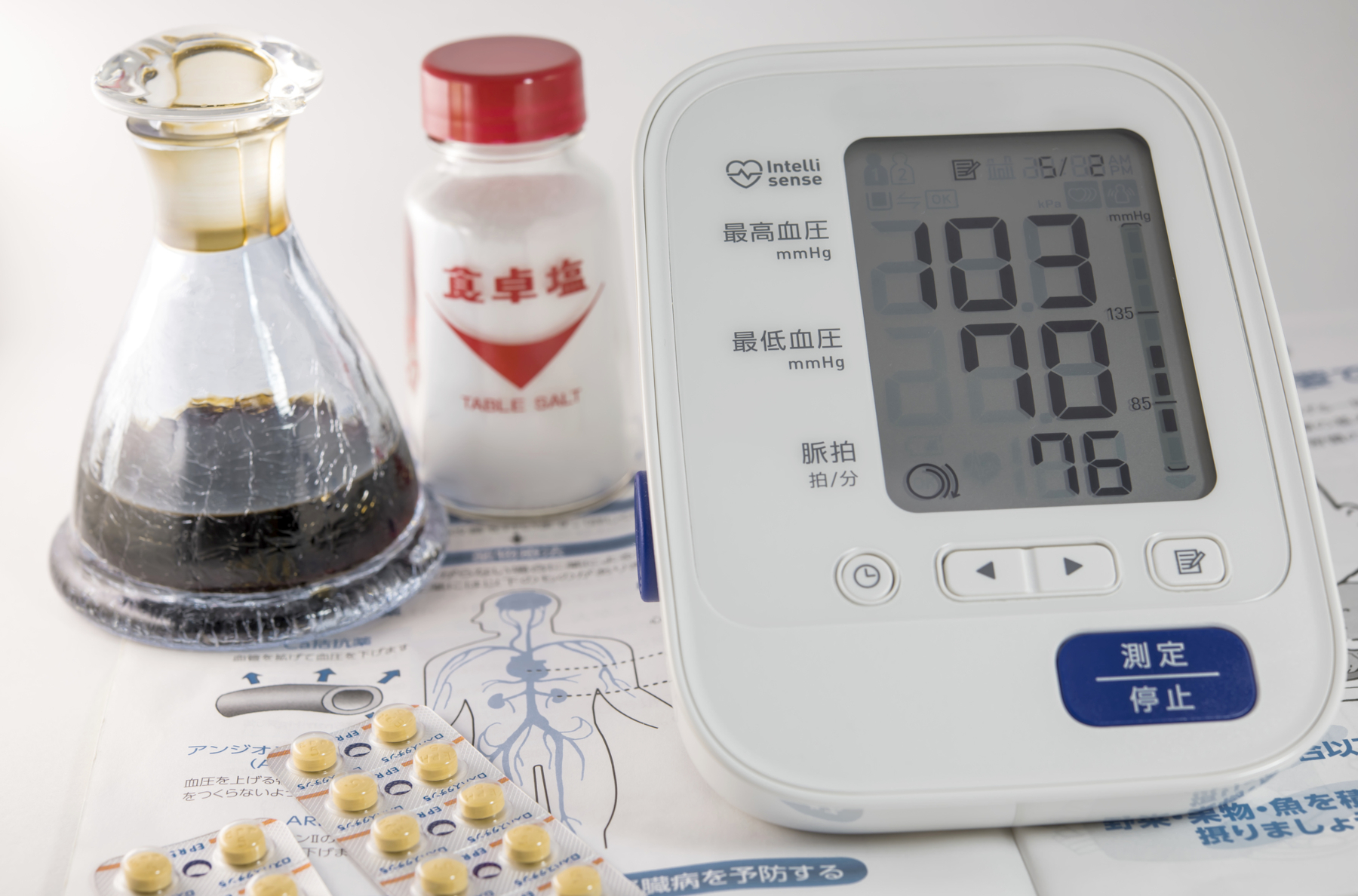 血圧計と高血圧の薬、しょうゆと塩